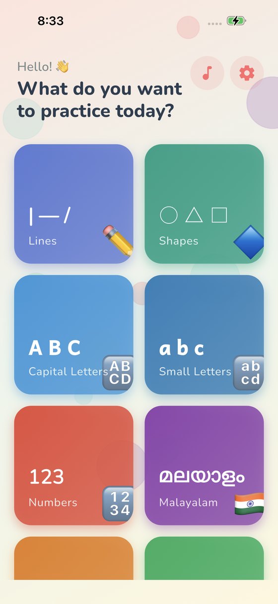 KidWrite home screen showing Lines, Shapes, Capital Letters, Small Letters, Numbers and Malayalam