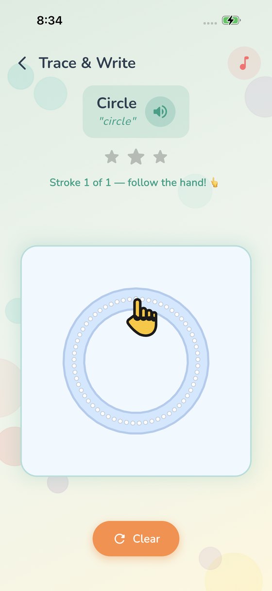 A circle being traced with a cartoon hand pointing along the dotted guide path