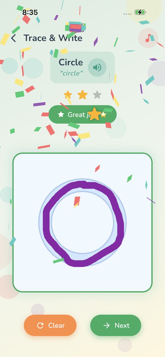 Confetti celebration after completing a shape