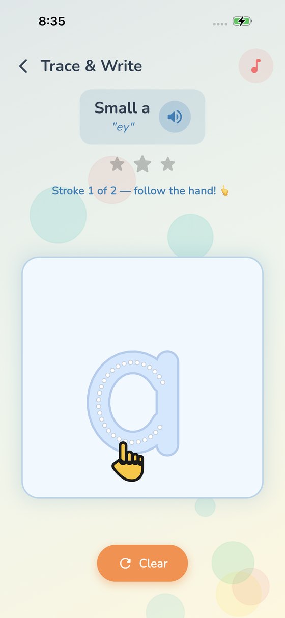 Lowercase letter a with a cartoon hand demonstrating the first of two strokes