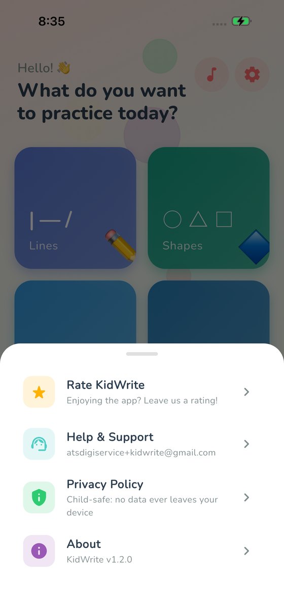 Parent settings sheet with Rate, Help and Support, Privacy Policy and About